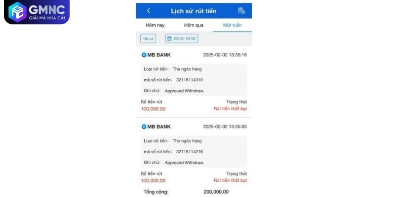 Lịch sử giao dịch hiển thị nhiều lần rút tiền thất bại